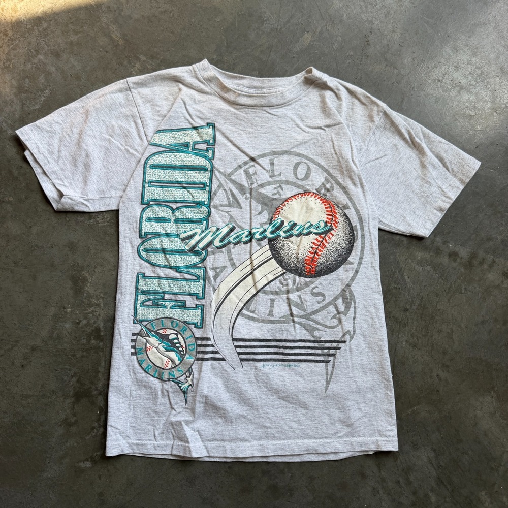 Vintage 90s Florida Marlins Mendez Graphic Shirt MLB Big Logo Mens S (17x24.5)